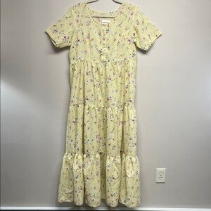 Vintage Yellow Floral Handmade Shirt Sleeve Prairie Maxi Dress L